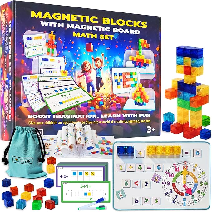 40pcs Transparent Magnetic Blocks, 1inch Cubes, 5-in-1 STEM Set with Board & Markers, Math Cards & Numbers, Magnetic Clock, Idea Book, 3D Educational & Building Toys, for Kids Ages 4-8