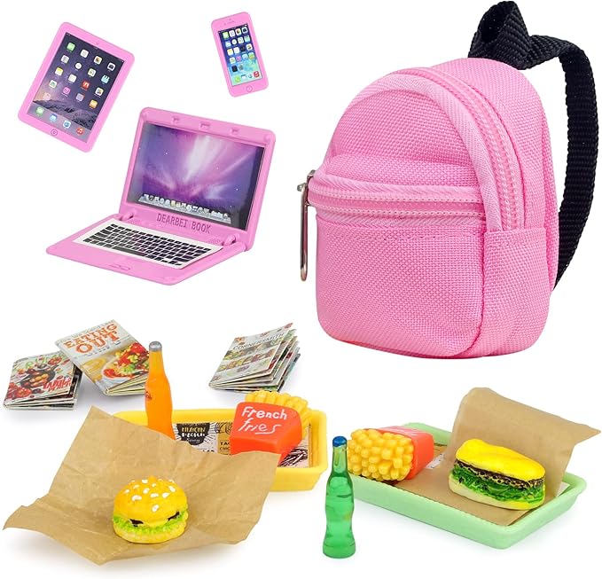 15 Pcs Doll Accessories Miniature Laptop Computer Tablet Phone Mini Backpack and Mini Food Including Burger Soda Set and Burger Hot Dog Set and Gourmet Magazine for 11.5 inch Doll