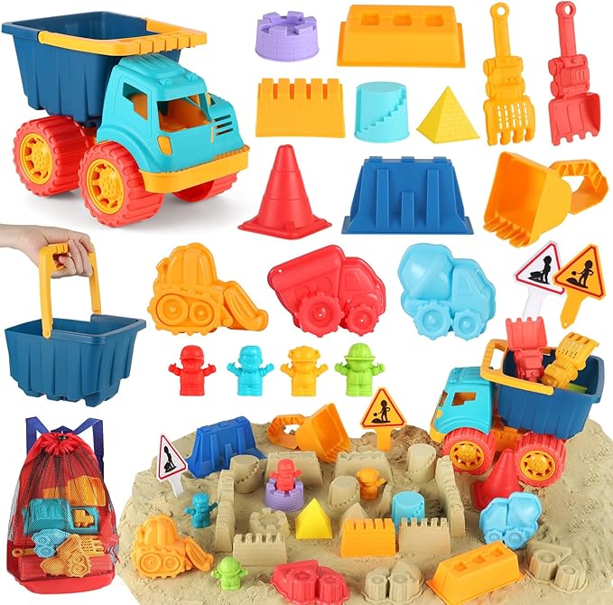 Beach Sand Toys, Large Dump Truck with Bucket, Sandbox Construction Toy Sand Castle Building Kit with Mesh Bag, Sand Molds, Shovels, Worker Figures, Kids Toddlers Summer Outdoor Travel Toys