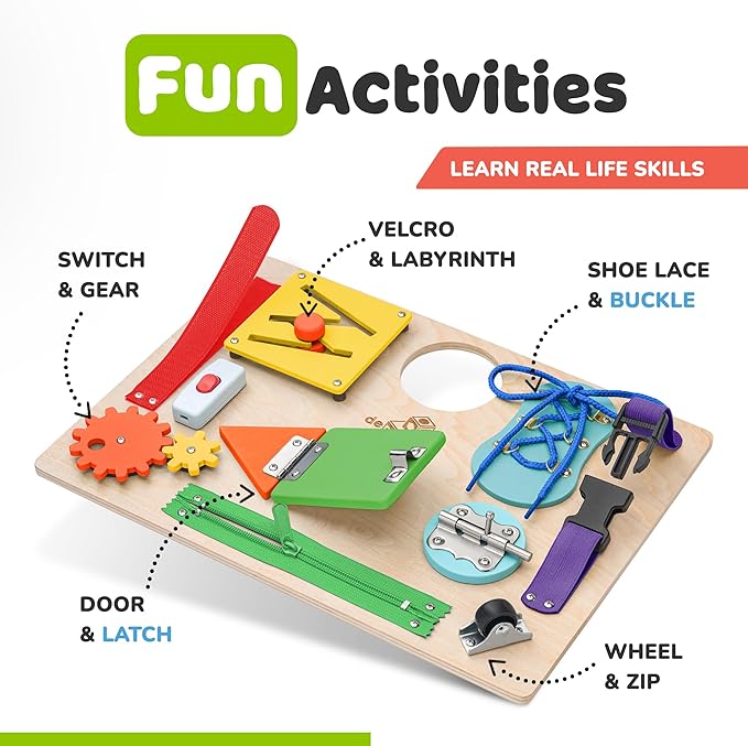 deMoca Sensory Busy Board for Toddlers, Premium Wooden Toddler Busy Board for 1 2 3 Year Old with 10 Educational Activities for Fine Motor Skills, Fidget Activity Toy for Travel Toy