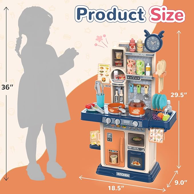 cossy Kids Play Kitchen,Toddler Kitchen with Sound and Light,Cooking Stove with Steam,Play Food Toy and Kitchen Accessories,Play Kitchen for Toddlers,Blue