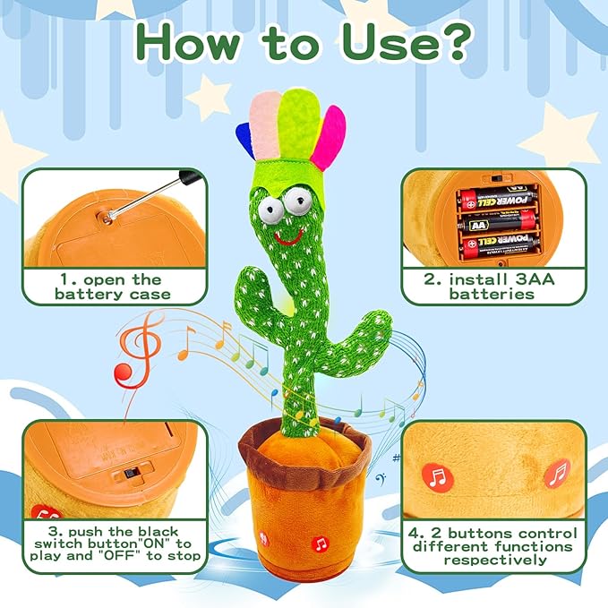 Adjust Volume Dancing Talking Cactus Baby Toy Singing Mimicking Recording Toys Repeats What You Say, Comes with 120 English Songs Singing Talking Musical Toys