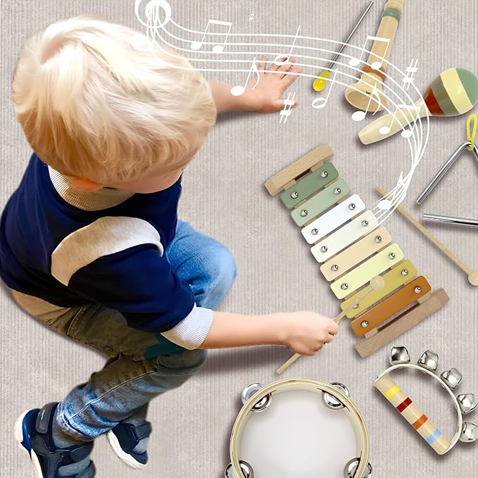 Baby Musical Instruments Montessori Wooden Toys for Toddlers, Neutral Colors Percussion Instruments Set, Modern Boho Xylophone Tambourin
