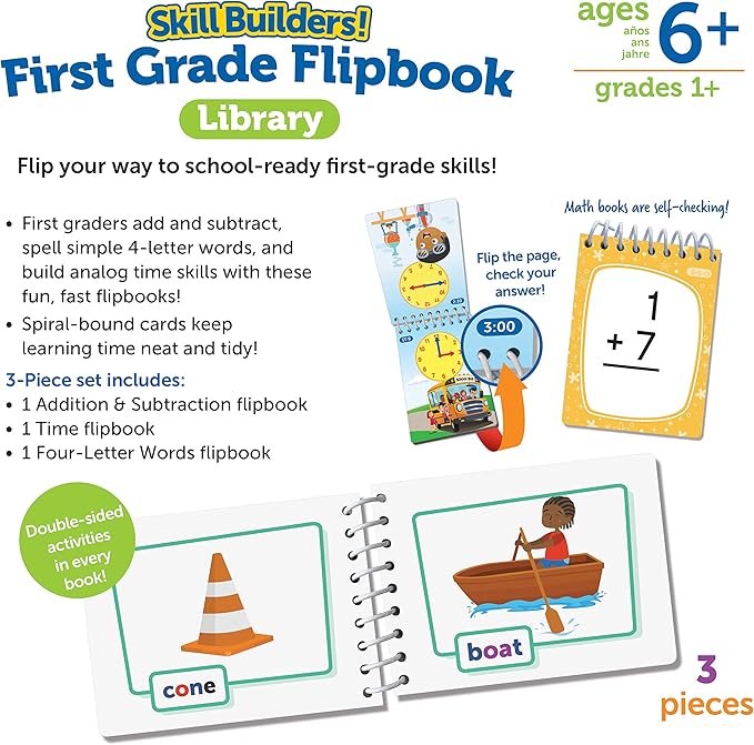 Learning Resources Skill Builders! First Grade Flipbook Library - Early Math and Spelling Activities for Kids, Time Skills, Classroom Must Haves, Montessori Teacher Supplies, Gifts for Boys and Girls
