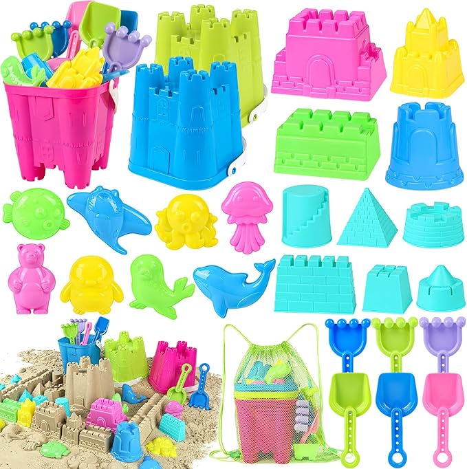 Beach Toys for Toddlers, Sand Castle Toys with 3 Bucket, 6 Shovels, Mesh Bag & Sandbox Molds Travel Sand Toys for Beach Sandbox Toys for Toddlers Kids Baby Boys Girls Age 3-10