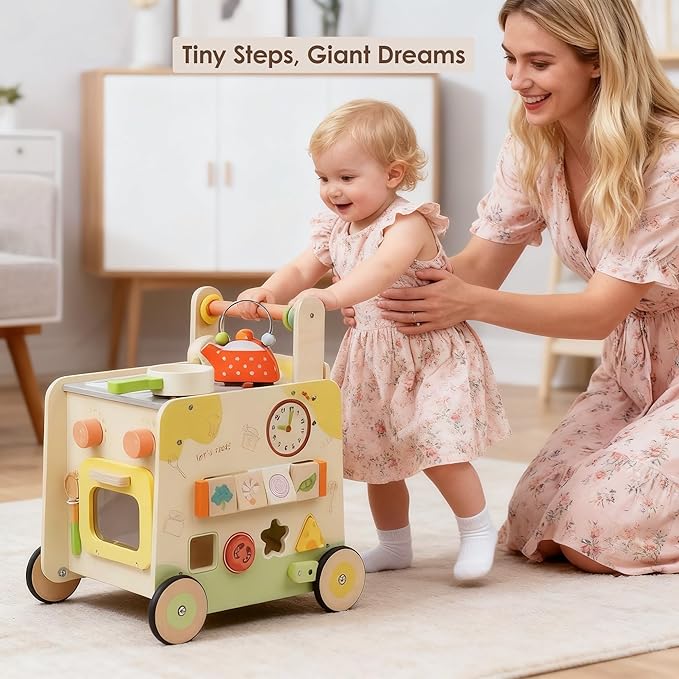Wooden Baby Walker 3-in-1 Push Toy for Toddlers, Montessori Sensory Activity Center with Pretend Kitchen, Adjustable Speed Learning Walker, Safe Wooden Toy, Ideal Gift for Boys and Girls