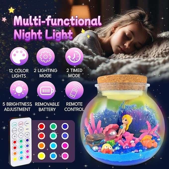 7july Mermaid Terrarium Craft Kit for Kids - LED Night Light Up & Remote Mermaid Birthday Gifts Toys for Girls Age 5 6 7 8 9 10 11 12 Year Old