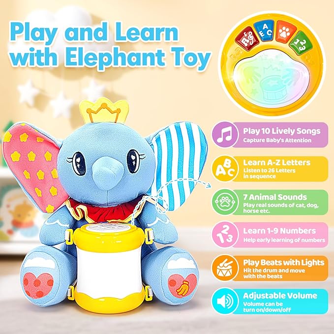 V-Opitos Stuffed Elephant Musical Toys for Baby 6-12 Months+, Early Learning Light up Music Drum, Perfect Christmas Birthday Gifts for Boy & Girl Age 1, 2 Years Old