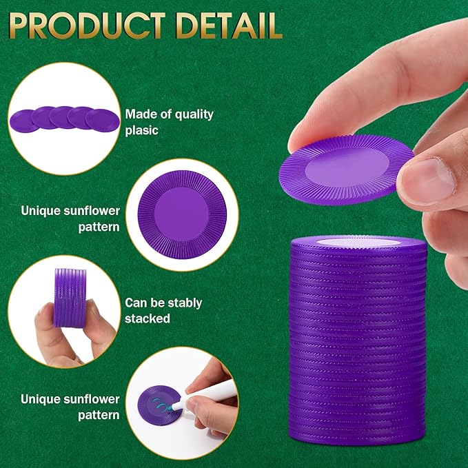 Leitee 500 Pcs Purple Plastic Poker Chips Bulk 1.5 Inch Mini Bingo Chips Tokens Markers Blank Casino Counting Discs Learning Math Counters for Adults Interlocking Game Counting Reward Card