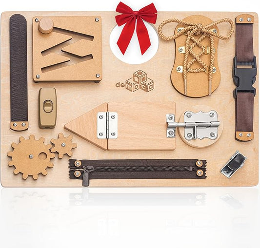 deMoca Sensory Busy Board for Toddlers, Premium Wooden Toddler Busy Board for 1 2 3 Year Old with 10 Educational Activities for Fine Motor Skills, Fidget Activity Toy for Travel Toy