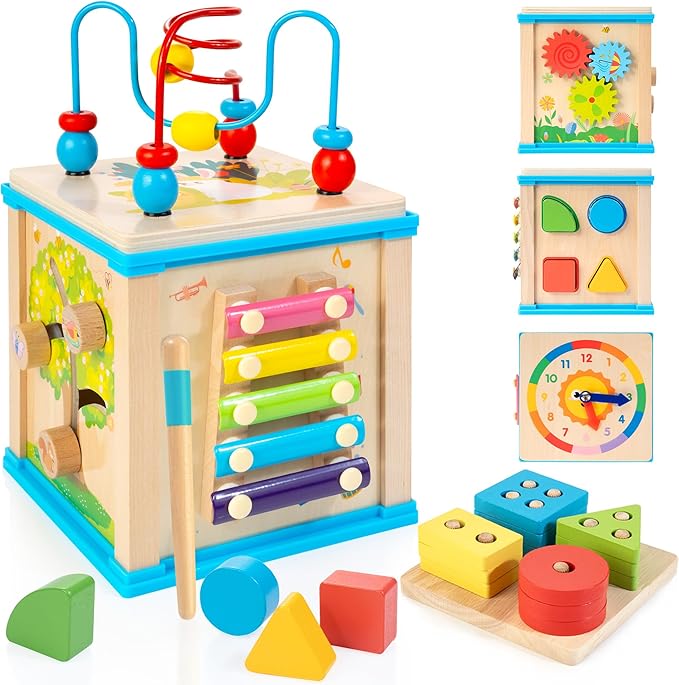 Wooden 7-in-1 Activity Cube, Montessori Toys for 1 Year Old Toddlers, Baby Educational Developmental Toys, One Year Old Boys Girls First Birthday Gifts with Bonus Sorting & Stacking Board