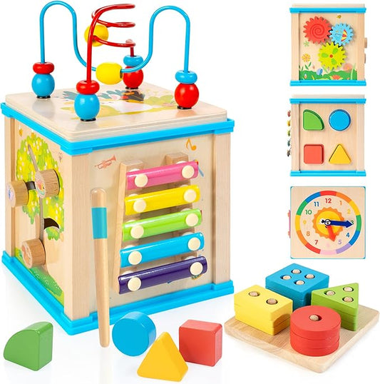Wooden 7-in-1 Activity Cube, Montessori Toys for 1 Year Old Toddlers, Baby Educational Developmental Toys, One Year Old Boys Girls First Birthday Gifts with Bonus Sorting & Stacking Board