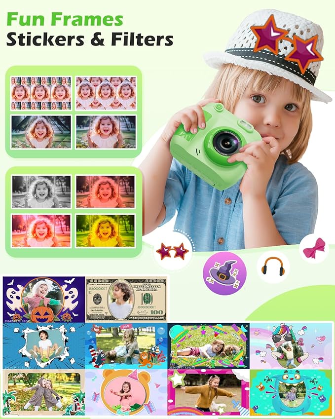 Kids Camera Instant Print - Christmas Birthday Gifts for Girls Boys Age 3-12, 1080P Video Digital Camera with 3 Rolls Printing Paper, Toddler Travel Toy Camera for 4 5 6 7 8 9 10 11 Year Old - Green