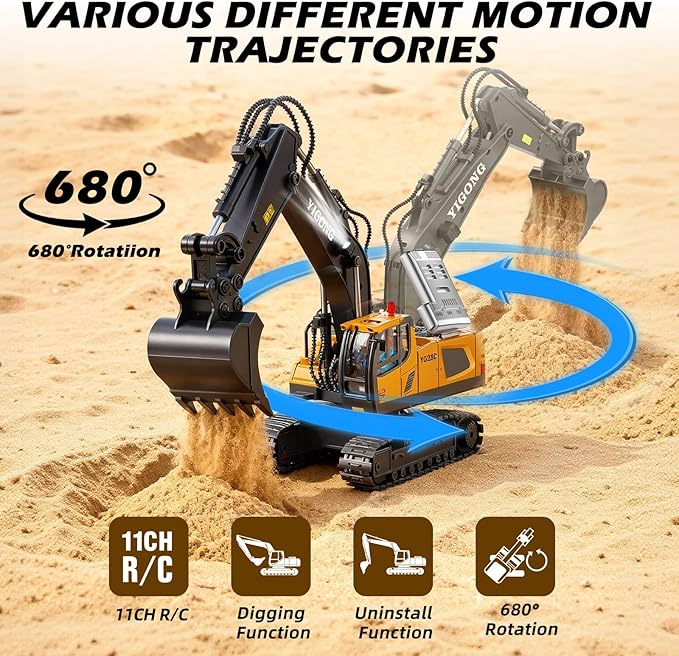 Remote Control Excavator Toy RC Play Excavator Construction Vehicles, 11CH 2.4Ghz RC Sand Digger with Metal Shovel & Light, Construction Truck Toys for Boys 3 4 5 6 7 8-12 Year Old Kids Birthday Gifts