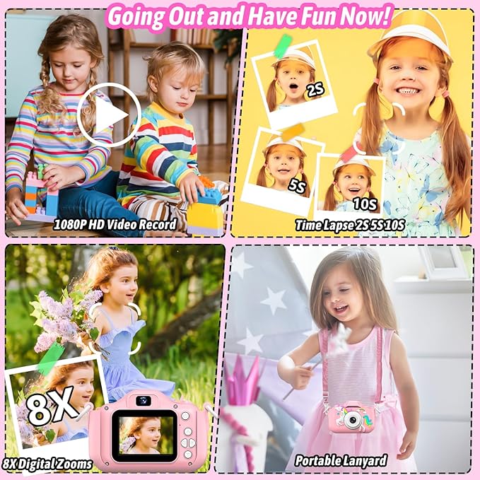 Dwfit Upgrade Selfie Kids Camera, Christmas Birthday Gifts for Boys Girls Age 3-12, HD Kids Digital Video Cameras for Toddler with Cartoon Soft Silicone Cover, Portable Toy for 3 4 5 6 7 8 Years Old