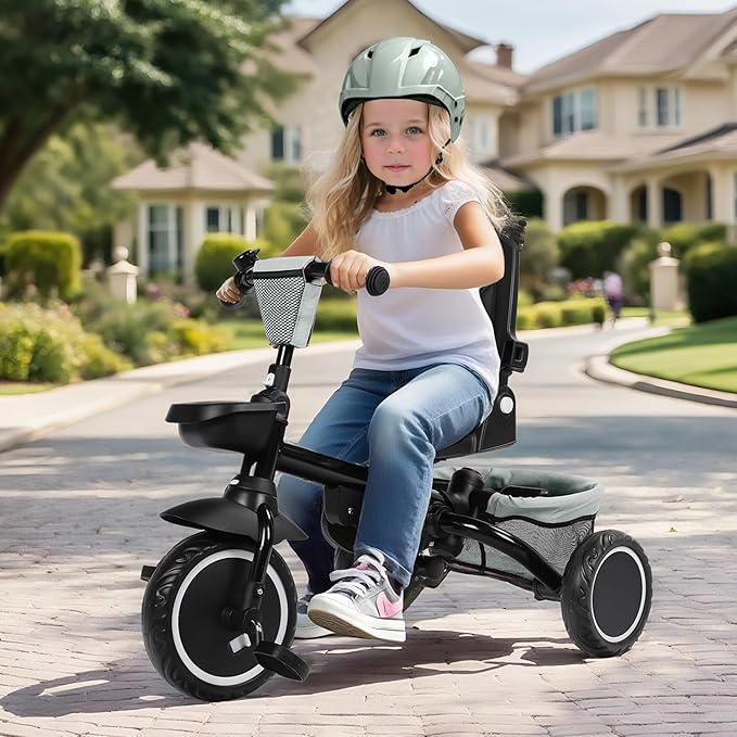 Kinder King Kids Tricycle, 8 in 1 Folding Toddler Trike w/Adjustable Push Handle, Rotatable Seat, Adjustable Canopy, Bell, Five-Point Harness, Storage, Toddler Stroller Bike for Age 6 Months+, Green