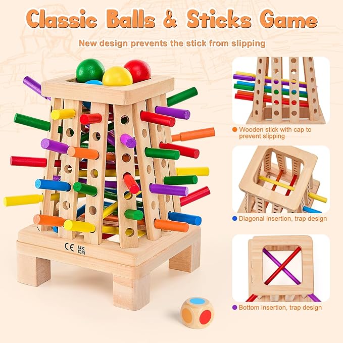 Montessori Board Game for Kids 4-6, Pyramid Wooden Sticks Dice Game, Math Educational, Fine Motor Skills Toy for 3+ Year Olds Girls Boys, Classic Table Game for Family Night