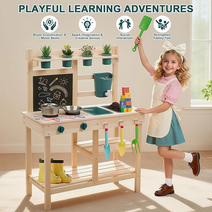 Kids Mud Kitchen Toy, Cedar Wood Outdoor Kitchen with Removable Sink, Planting Area, Simulated Stove, Double-Sided Chalkboard, and Storage Space | Backyard Role-Play Toy | Ages 3+