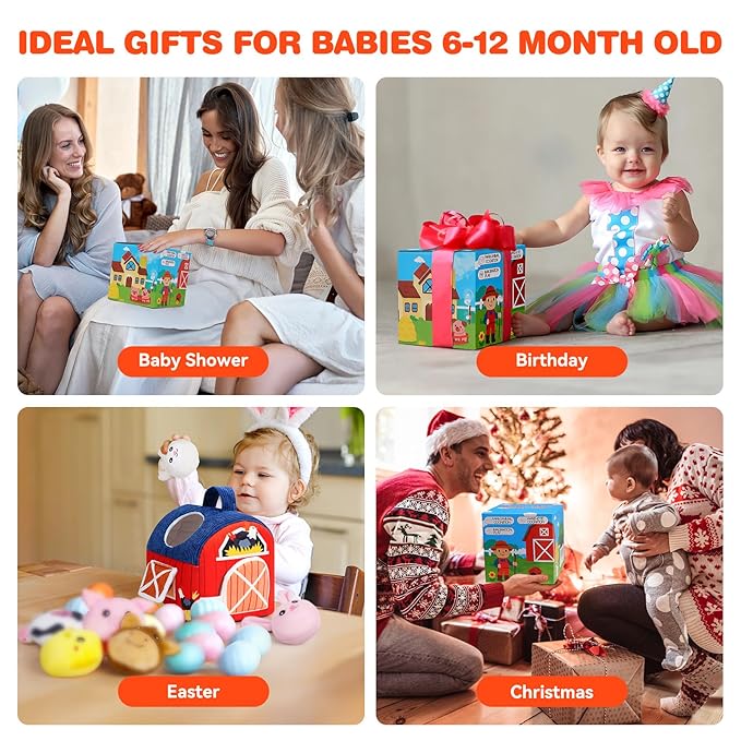 Soft Barn Baby Toys 6-12 Months with Stuffed Farm Animals, Rattle Squeaky Crinkle Sound & Mirror, Montessori Sensory Plush Infant Toy for 6 7 8 9 10 11 Month, 1 Year Old Baby Boy Girl Birthday Gifts