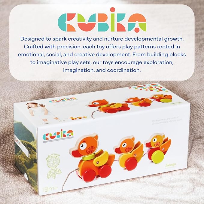 Cubika Wooden Walk Along Ducks – Pull Toys for Toddlers Ages 1-3 – Montessori Inspired, FSC-Certified Wood, German Water-Based Paint – Travel-Friendly Wooden Toy for Boys and Girls