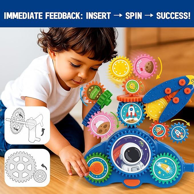 Motorized Spinning Gear Building Toys for Kids, Space Rocket STEM Construction Set, Educational Interlocking Building Blocks Puzzle | Gear Toys for Toddlers Ages 3-8