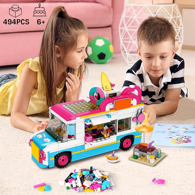 HOGOKIDS 3-in-1 Girls Camper Van Building Set - 494PCS Summer Beach Camping Building Blocks Sets | Food Truck Toys with Slide and Stickers | Easter Gifts for Girls Boys Age 6 7 8 9 10 11 12+