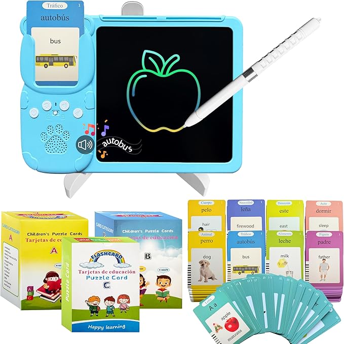 Spanish&English Talking Flash Cards for Toddlers - LCD Writing Tablet Kids - Drawing Tablet Toddler Toys 510 Sight Words Learning Montessori - Autism & Speech Therapy Toys - Kindergarten Gifts (Blue)