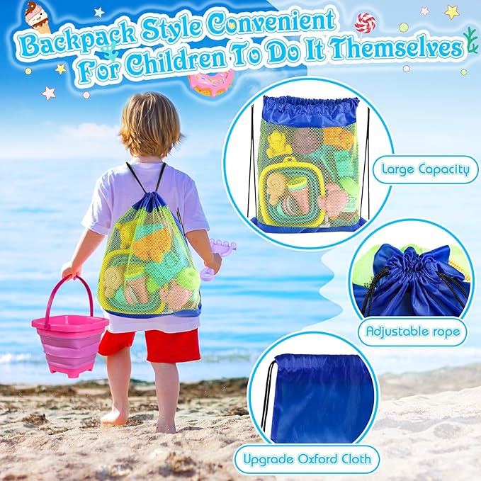 Collapsible Beach Toys for Kids Toddlers, 3 Foldable Buckets and Shovels Set, Sand Castle Building Kit, Ice Cream Travel Sand Toys for Sandbox & Mesh Bag, Beach Essentials for Boys Girls Age 3-10