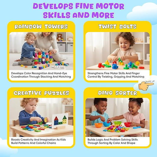 8-in-1 Busy Hands Fine Motor Skills Toys Kit for Toddler, Montessori Toys Set for 3+ Years Old, Learning & Education Toys, Color Shape Sorter, Stacking Toys, STEM, Wooden Toys