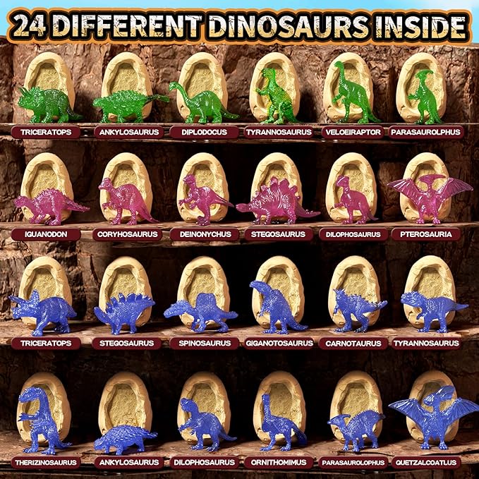 24 Glow in The Dark Dinosaur Eggs, Dig Kit Toys for Kids, Surprise Dinosaur Eggs Excavation Kit with Magnifier, STEM Birthday Party Favor Gifts for Boys Girls Age 3 4 5 6 7 8 9 10 + Years Old