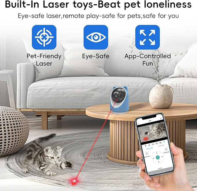 Pet Camera, 2K HD Indoor Dog and Cat Camera with Auto-Tracking & Laser Toy, Home Security Camera with Motion Detection, 2-Way Audio, Night Vision, No Subscription Required（64GB SD Card）