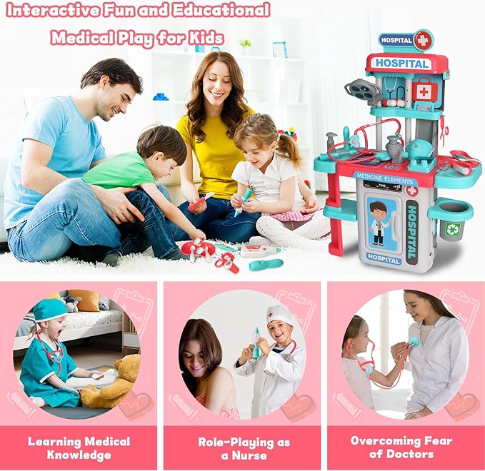Doctor Kit for Kids 3-5, Toddler Play Set with Rolling Cart, Costume, and Stethoscope, Role Play Kids Doctors Set Educational Birthday Gift for Girls(Pink)