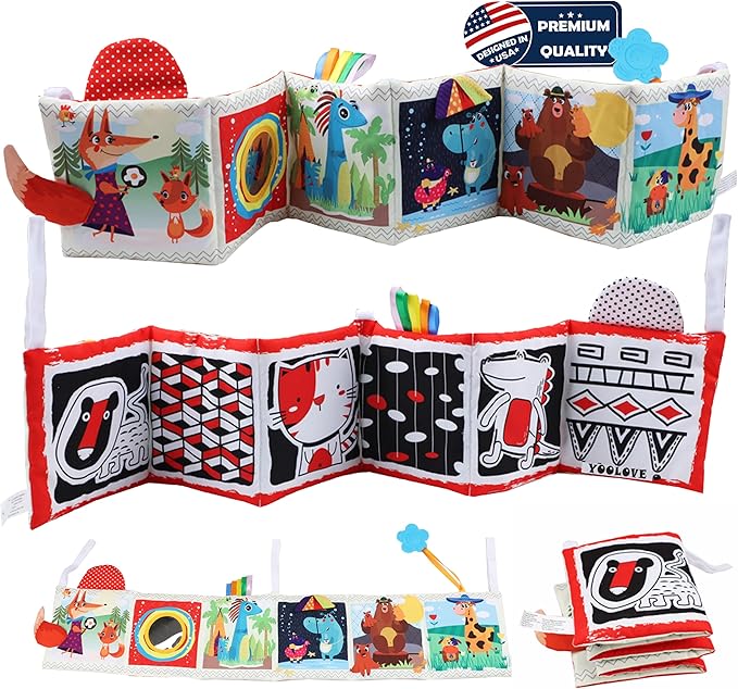 bebe mondo High Contrast Tummy Time Toys, Black and White Crinkle Books for Babies, Baby Books 0-6 Months, Infant Mirror Toy with Teether, Double-Sided Baby Toys for Boys and Girls