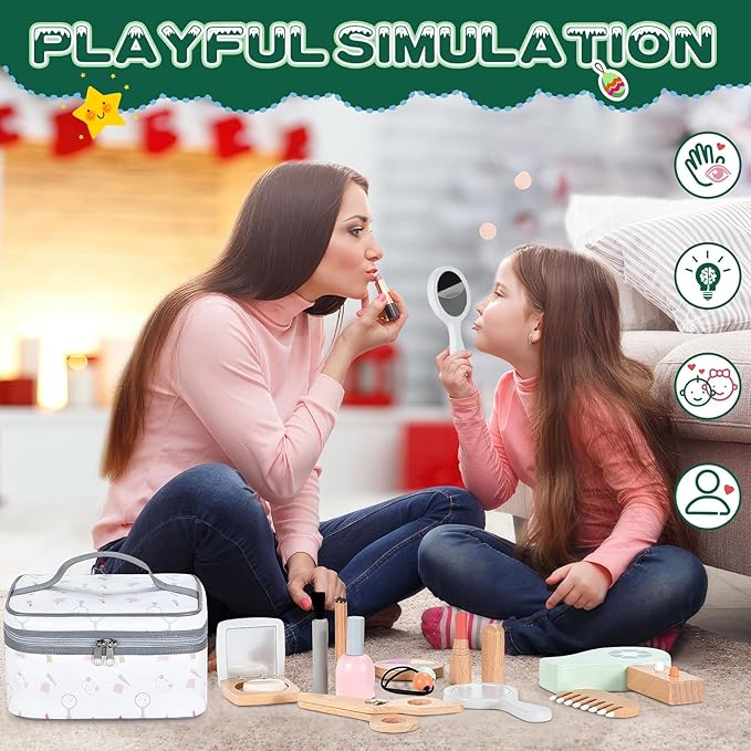 Wooden Makeup Toy Set, Pretend Play Wood Beauty Salon Playset for Girls, Wood Makeup Kit with Cute Fake Makeup Set Gift for Toddler 3 4 5 6 7