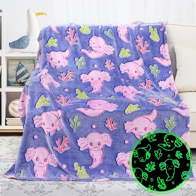 Pink Axolotl Gifts Toys for Girls Axolotl Blanket Glow in The Dark Axolotls Birthday Decorations Cute Kids Throw for Girls Salamander 40"x50"