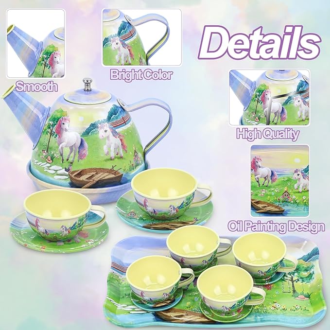 Tea Party Set for Little Girls,50PCS Princess Horse Tea Time Toy Including Food Sweet Treats Playsets,Teapot Tray Cake,Tablecloth & Carrying Case,Kids Kitchen Pretend Play for Girls Boys Age 3 4 5 6