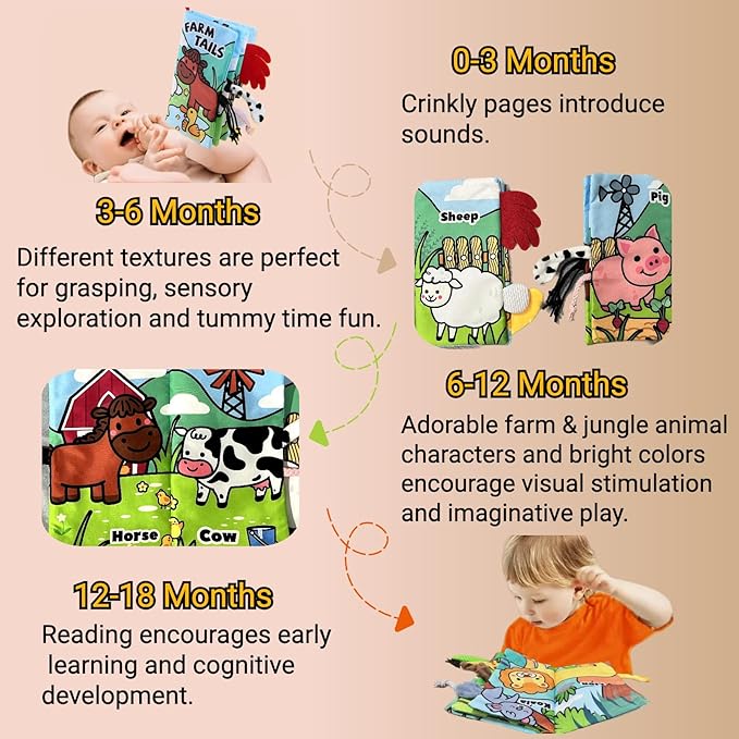 Baby Books, Tummy Time Cloth Baby Toys 0-3-4-6-9-12 Months Touch Feel Soft Crinkle Sensory Book Farm Jungly Tails Girls 6 to 12 Month, Early Learning Toy, Newborn Infant Boy Shower Gifts 2PCS