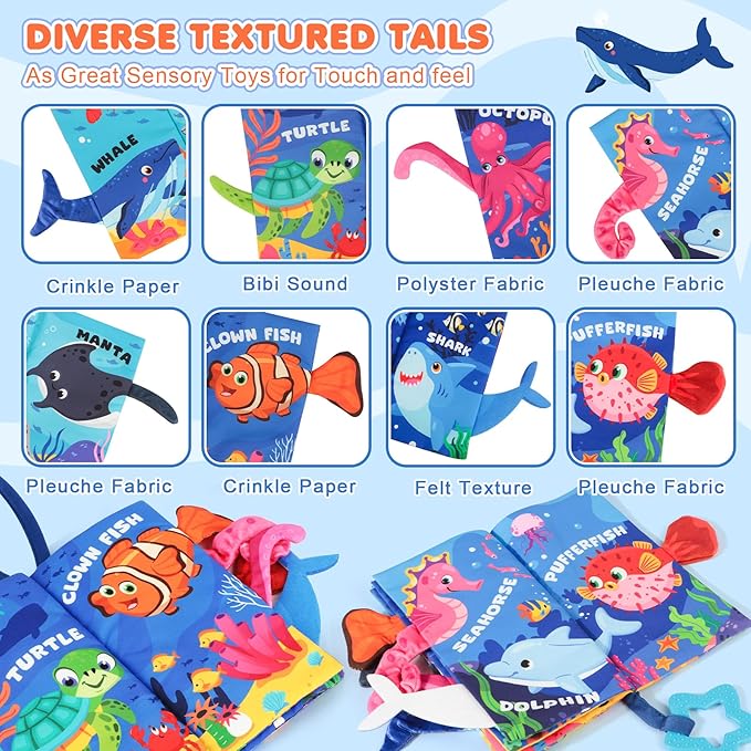 Soft Baby Book - Baby Toy - Newborn Boys Girls Shower Gift - Tummy Time Toy for Infant 0-6 6-12 Months - Touch and Feel Sensory Crinkle Book with Teether for Toddler