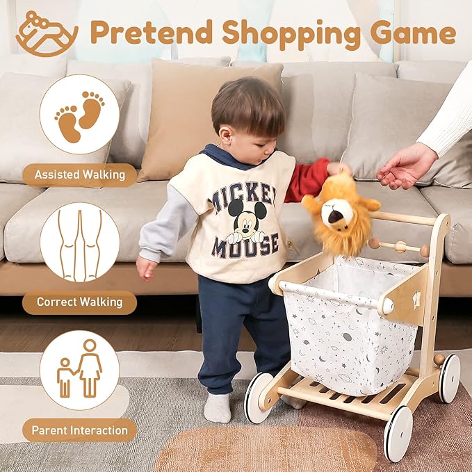 Woodtoe Wooden Baby Walker Doll Stroller | Adjustable Speed Shopping Cart for Toddlers 1-3 | Baby Push Walker - Pretend Play Grocery Cart | Wood Stroller Push Toys for Baby 1 2 3, 1st Birthday Gift