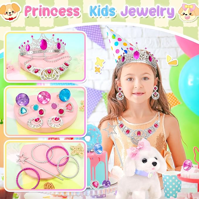 Plush Dog Toys for Kids with Crossbody Bags Princess Jewelry, Robot Puppy with Leash Walking Barking, Pretend Play Dress Up Interactive Stocking Stuffers for Toddler Girl Toys Birthday Gifts