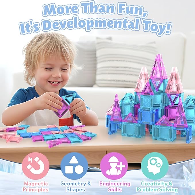 Dreamon Mini Magnetic Tiles, 68PCS Travel Set with Storage Case, Ice Castle Building Blocks STEM Toys for Toddlers Ages 3-5, Educational Games Sensory Exploration Toys for Boys and Girls