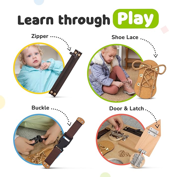 deMoca Sensory Busy Board for Toddlers, Premium Wooden Toddler Busy Board for 1 2 3 Year Old with 10 Educational Activities for Fine Motor Skills, Fidget Activity Toy for Travel Toy