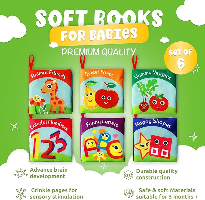 Cloth Books for Babies - Set of 6 Premium Quality Soft Touch & Feel Books for Early Child Development