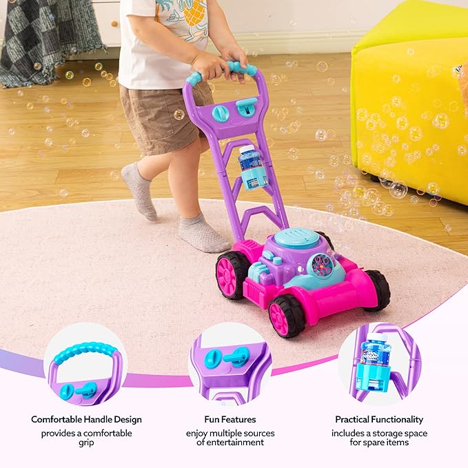 SLOOSH Bubble Lawn Mower Toddler Toys - Spill-Proof Bubble Machine Pretend and Play Toy for Toddler Age 1 2 3 1-3 Year Old Indoor Outdoor Use, Push Toys Baby Girl Xmas Christmas Birthday Gifts (Pink)