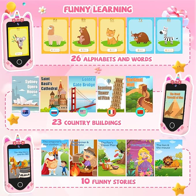 Kids Smart Phone for Girls Gifts - Toddler Christmas Birthday Gift for Age 3 4 5 6 Year Old, Kids Cell Phone Toy with Touchscreen, Dual Cameras, Learning, Kid Mp3 Player, Games with 32 GB Card