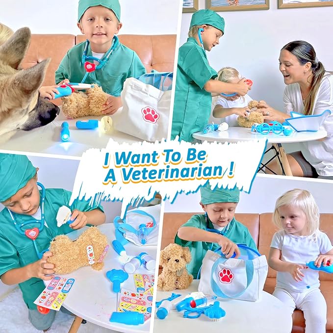Liberry Doctor Kit for Toddlers 3 4 5 6 Years Old, 28 Pcs Kids Doctor Playset with Dog Toy, Stethoscope and Dress Up Costume, Pretend Play Medical for Boys Girls (Blue)