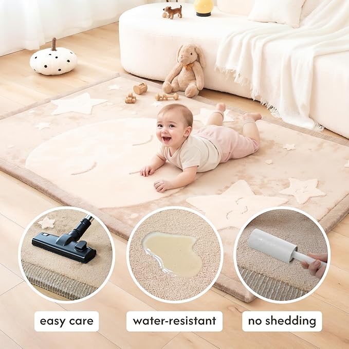 Premium Baby Playmat for Floor 80" x 110" moon&stars – Cloudsoft Coral Velvet Memory Foam Rug for Crawling – Non-Slip, Water-Resistant, Non-Toxic, Easy-Care Muscle Mat – Thick Play Mat for Baby