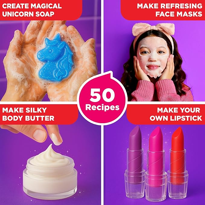 Doctor Jupiter Glam DIY Craft, Make-Up Kit for Girls Ages 6-8-12 | Lip Gloss, Bath Bomb, Perfume Making Kit with 50 Beauty Science Experiments | Birthday Gift Ideas for 6-7-8-9+ Year Old Girls