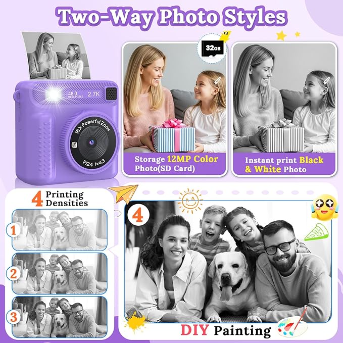 Kids Camera Instant Print, HD Digital Video Recorder with 32GB SD Card, Gifts for 3-12 Year Old Girls and Boys, Portable Toy for Toddlers and Kids(Purple)