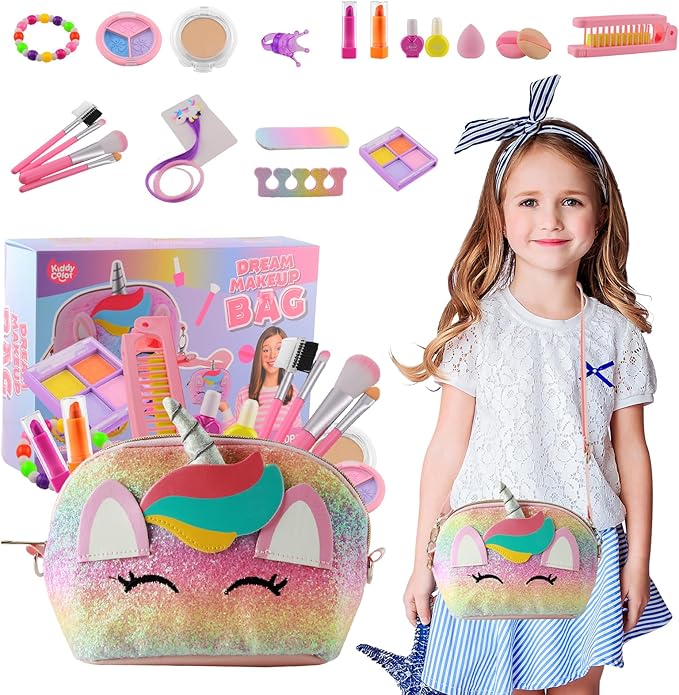 21Pcs Kids Makeup Kit for Girl, Princess Toys Real Washable Cosmetic Set with Sparkly Unicorn Purse, Kids Makeup Sets for Girls, Play Make Up Birthday Gifts for 3 4 5 6 7 8 9 10 11 12 Years Old Kid